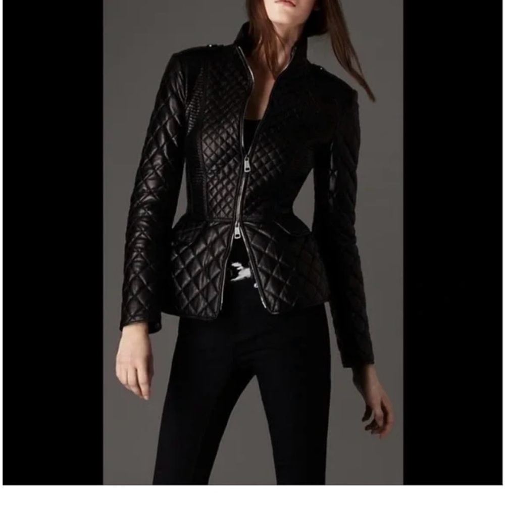 Burberry London Black Leather Quilted Jacket great condition size US 10